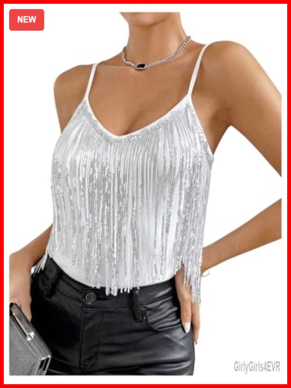 Sequin Fringe Camisole Top Tassel Tank Sleevless V-Neck Party Rave